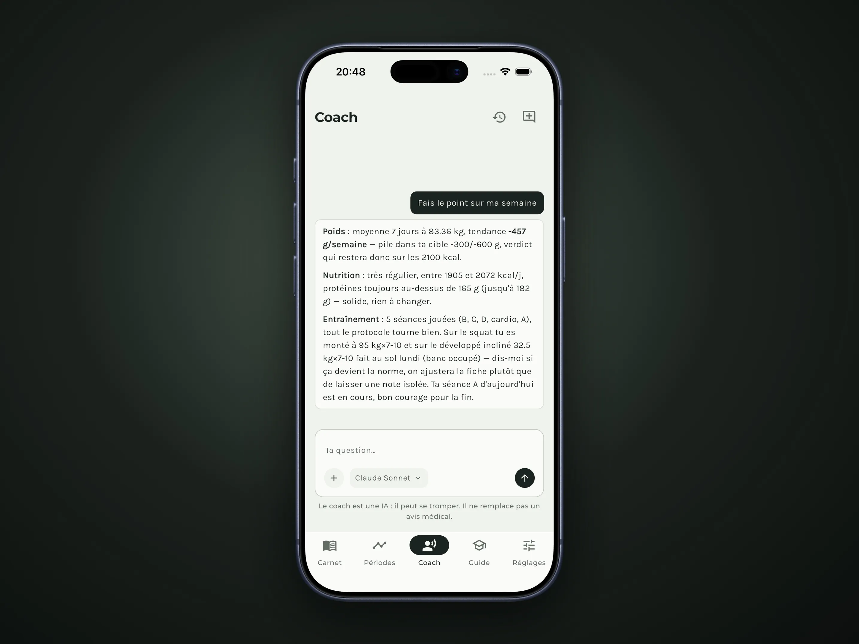 Coach IA de Delta7 sur iPhone : bilan nutrition et entraînement - AXNT Studio
