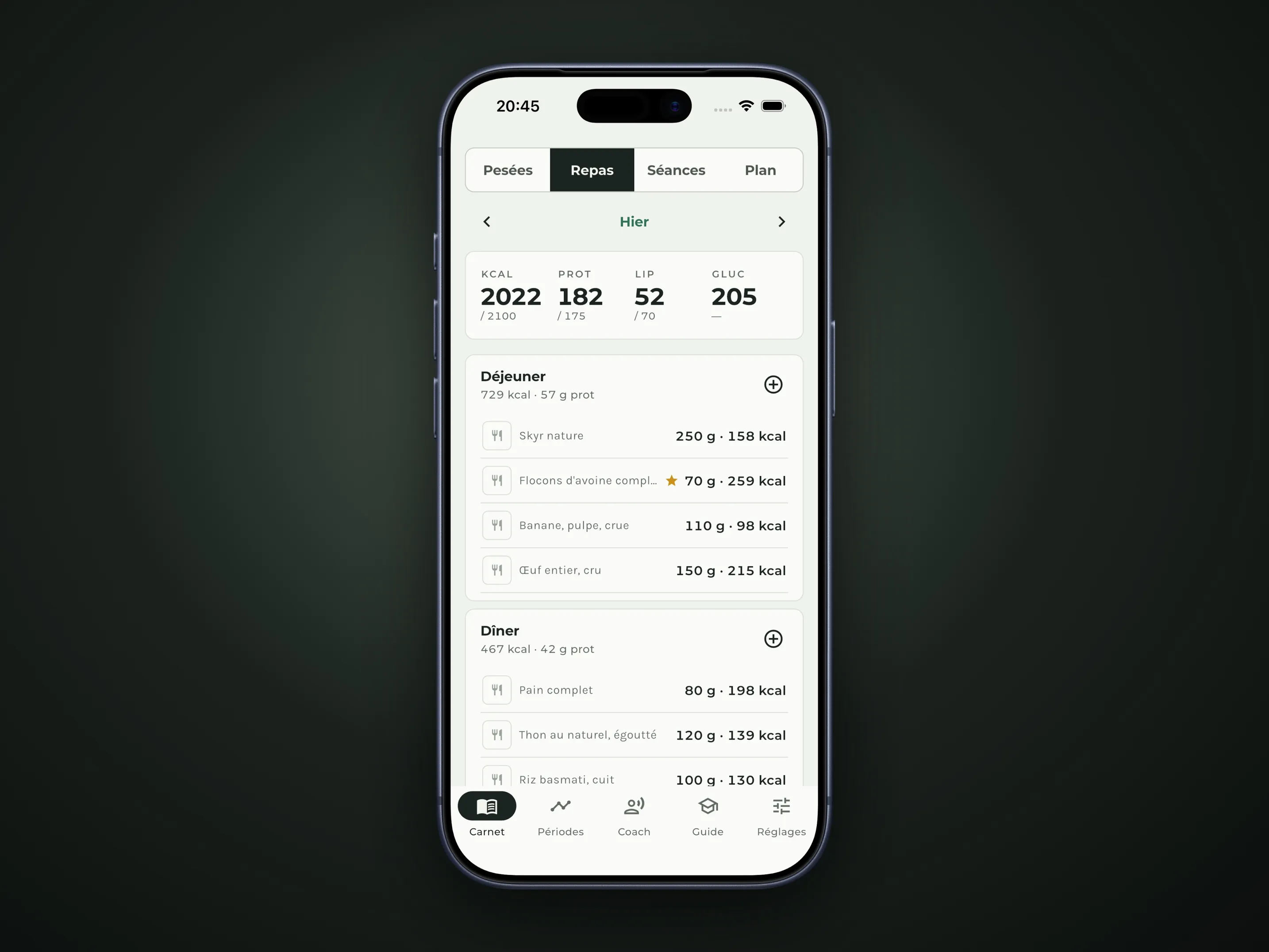 Journal des repas de Delta7 : compteur du jour, déjeuner et dîner - AXNT Studio